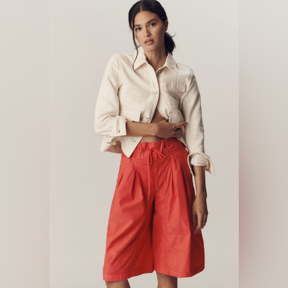 Anthropologie Ruched Poplin Gaucho Pants in Bright Hibiscus - Picture 1 of 5